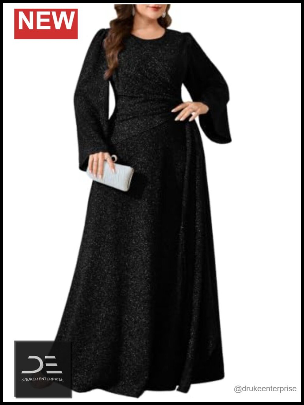 Plus Size Metallic Stretch Formal Evening Gown A-Line Long Sleeve Floor Length